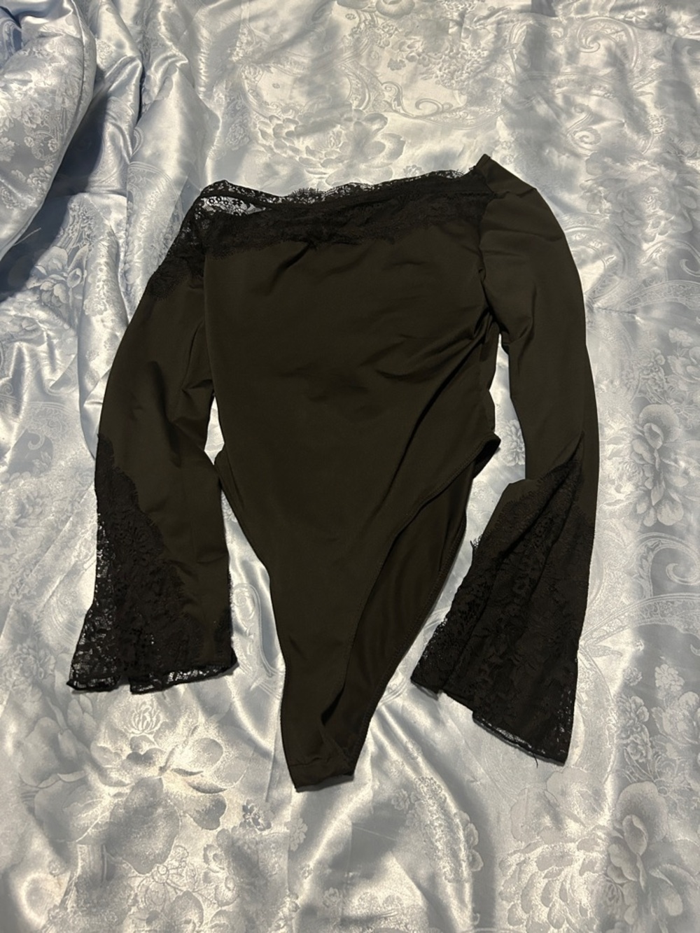 Black Lace Trim Off-Shoulder Bodysuit